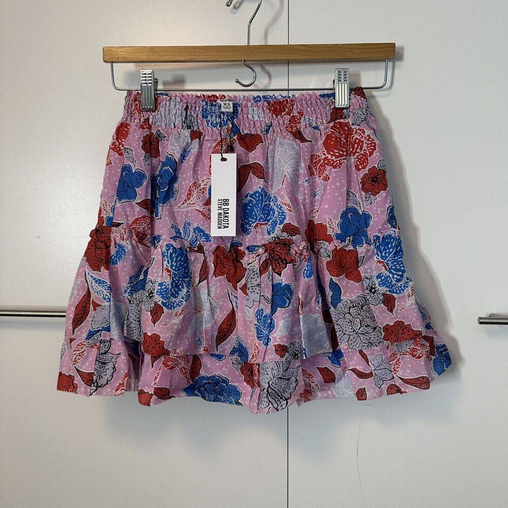 NWT Steve Madden XS Mini Skirt Pink Ruffle Maya Floral Beach Coastal Whimsy - Picture 8 of 8